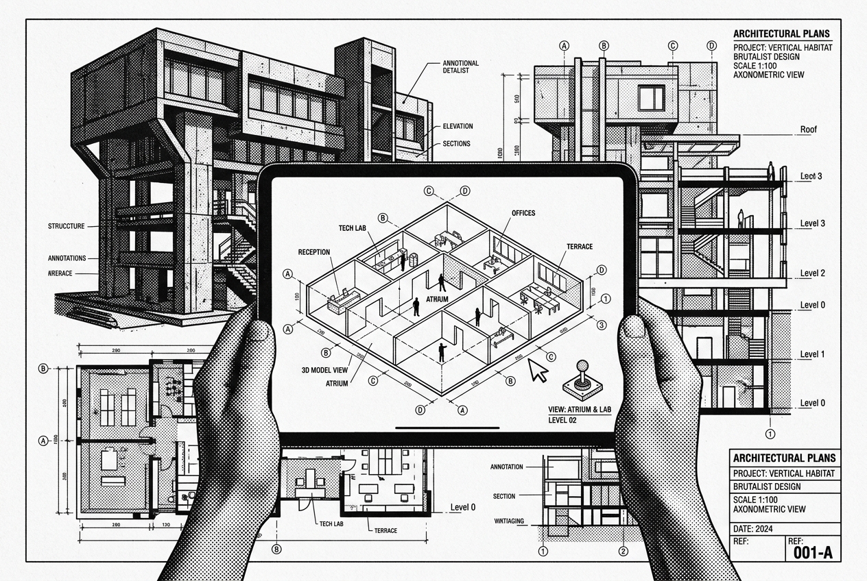PropTech Services halftone blueprint illustration